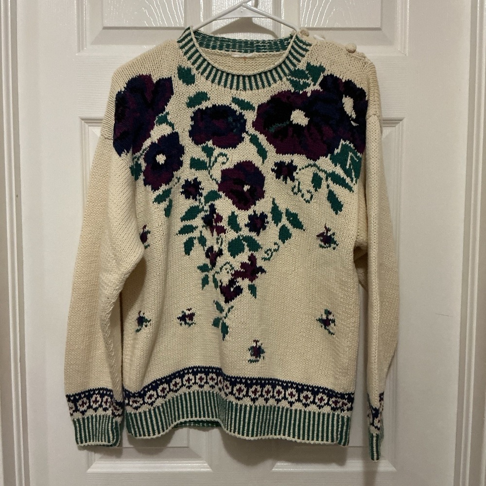 Vintage‎ 90's Floral Knit Sweater Cotton L Cream Canadian Designer Cottagecore
